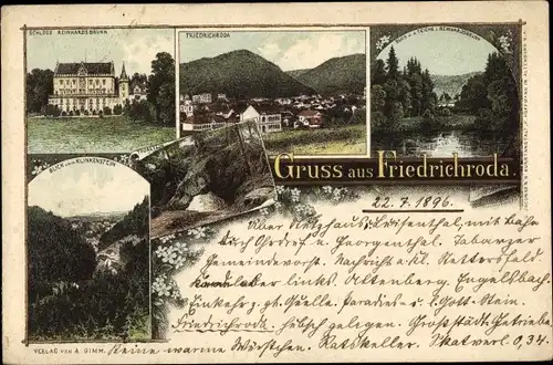 Ak Friedrichroda im Thüringer Wald, Schloss Reinhardsbrunn, Blick vom Klinkenstein auf den Ort