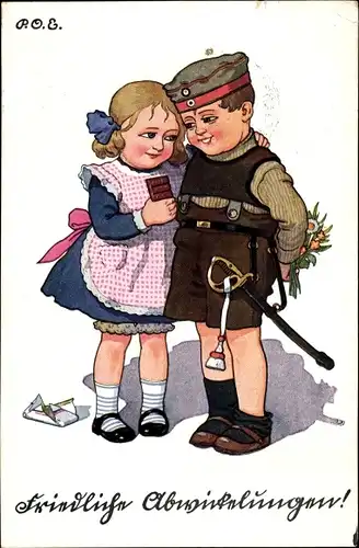 Künstler Ak Engelhard, P.O.E., Junge in Uniform, Mädchen, Schokolade