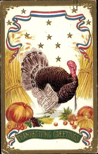 Litho Thanksgiving, Truthahn, Kürbis, Strohbündel