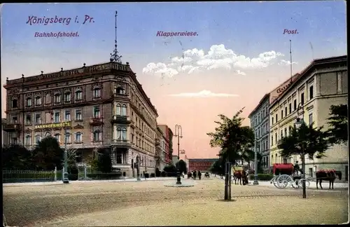 Ak Kaliningrad Königsberg Ostpreußen, Bahnhofshotel, Klapperwiese, Post