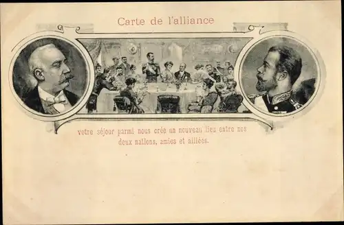 Ak Carte de l'alliance, Französisch Russische Allianz,  Präsident Félix Faure, Zar Nikolaus II.