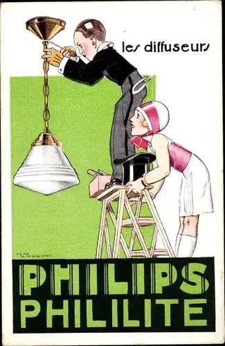 Künstler Ak Philips Phililite, les diffuseurs, Reklame, Montage einer Lampe