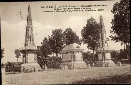 Ak La Ferté Gaucher Seine et Marne, monuments commémoratifs