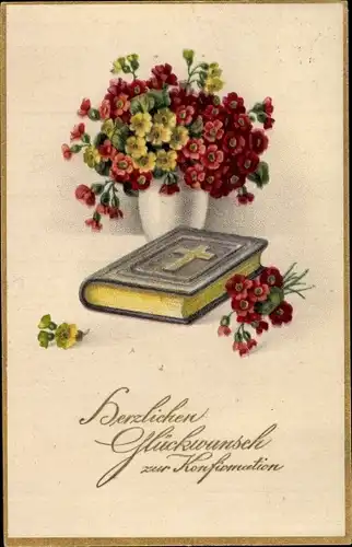 Ak Glückwunsch Konfirmation, Bibel, Blumen