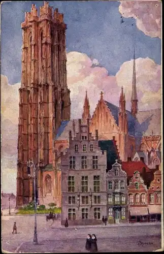 Künstler Ak Mechelen Malines Flandern Antwerpen, Sint Rombauts Kathedraal, Cathedral Saint Rombaut