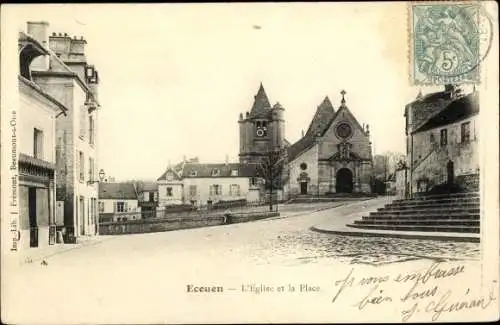 Ak Ecouen Val d’Oise, L'Eglise et la Place