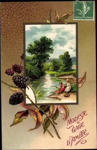 Passepartout Ak Modeste Gage d'Amitié, Kinder am Flussufer, Brombeeren