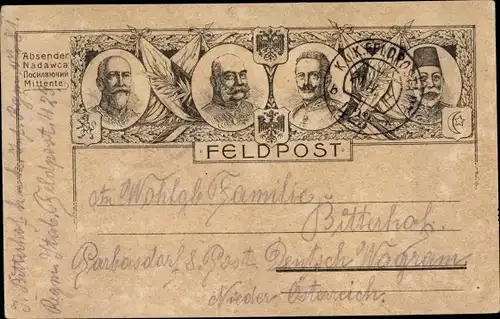 Künstler Ak Kaiser Wilhelm II., Kaiser Franz Joseph I., Ferdinand I. von Bulgarien, Mehmed V., I. WK