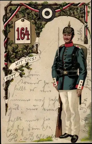 Präge Ak Regiment 164, Gott mit uns, Soldat in Uniform