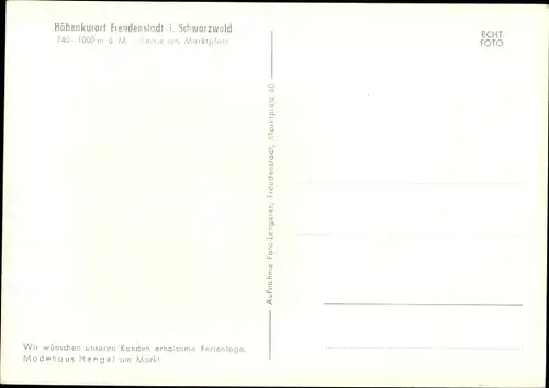 Ak Freudenstadt im Nordschwarzwald, Partie am Marktplatz, Modehaus Hengel