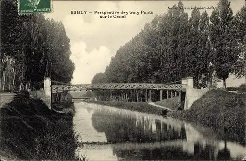 Ak Esbly Seine et Marne, perspective des trois Ponts sur le Canal, vue générale, ligne des arbres