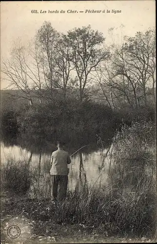 Ak Les bords du Cher, Pecheur à la ligne, Angler