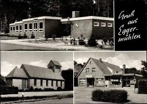 Ak Eggermühlen Bersenbrück Niedersachsen, Geschäft Heinrich Havermann, Kirche, Flachbau