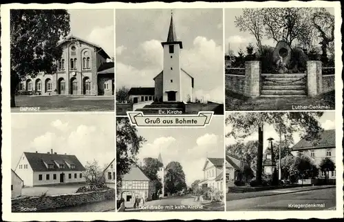 Ak Bohmte in Niedersachsen, Kirche,Lutherdenkmal, Bahnhof, Schule, Kriegerdenkmal