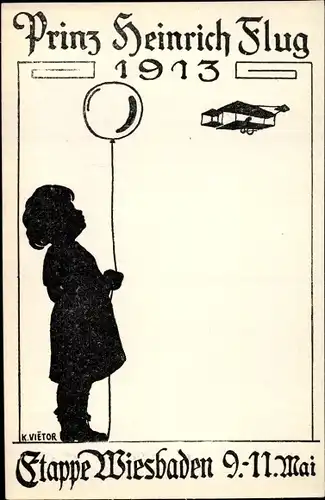 Künstler Ak Vietor, K., Prinz Heinrich Flug 1913, Doppeldecker Flugzeug, Kind mit Ballon