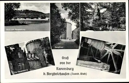 Ak Borgholzhausen in Nordrhein Westfalen, Bergfried, Kapellenruine, Ravensburg, Burgbrunnen