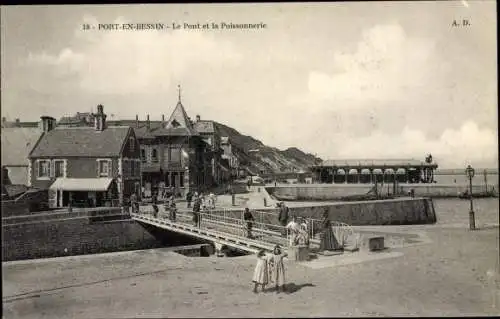 Ak Port en Bessin Calvados, Le Pont, La Poissonnerie