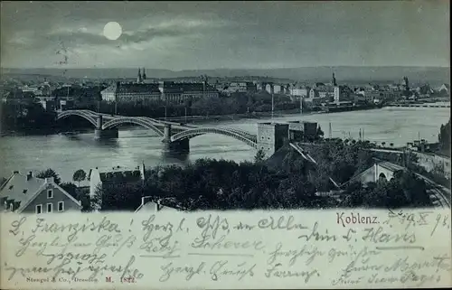 Mondschein Ak Koblenz am Rhein, Gesamtansicht, Nacht