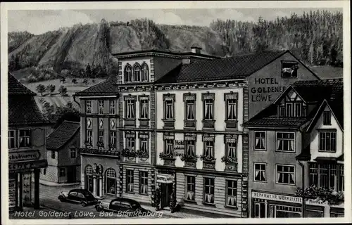 Ak Bad Blankenburg Schwarzatal, Thüringen, Teilansicht, Hotel Goldener Löwe, Reparatur Werkstätte