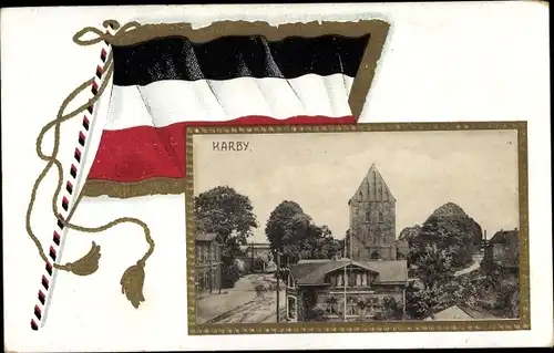 Passepartout Ak Karby in Schleswig Holstein, Ortspartie, Flagge des Kaiserreichs