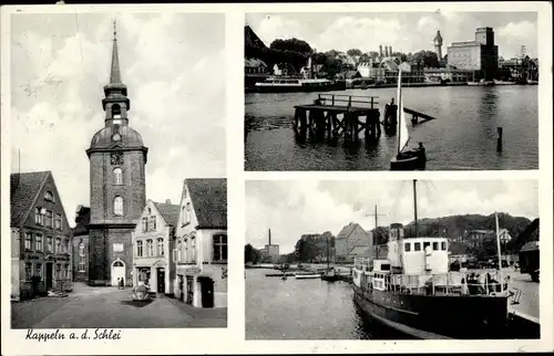 Ak Kappeln an der Schlei, Segelpartie, Straßenpartie mit Kirchturm, Dampfer