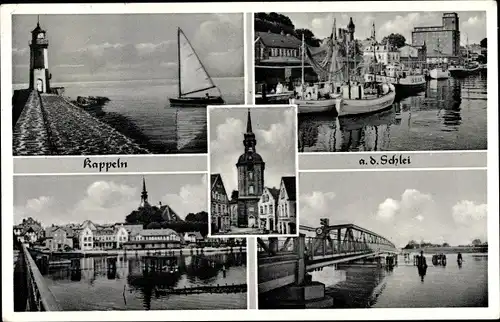 Ak Ellenberg Kappeln an der Schlei, Leuchtturm, Segelpartie, Hafen, Eisenbahnbrücke