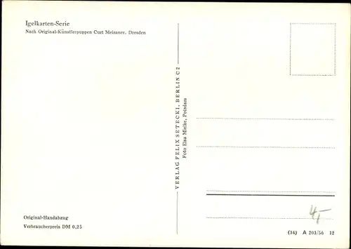 Ak Igel mit Tabakpfeife, Künstlerpuppe Curt Meissner Dresden