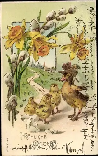 Präge Litho Glückwunsch Ostern, Küken, Weidenkätzchen, Blumen