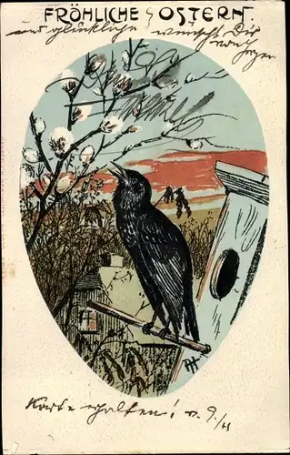 Passepartout Ak Glückwunsch Ostern, Krähe mit Weidenkätzchen