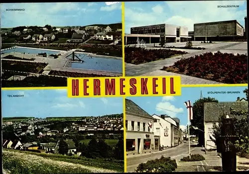 Ak Hermeskeil in Rheinland Pfalz, Schwimmbad, Schulzentrum, Stölpepater Brunnen, Teilansicht