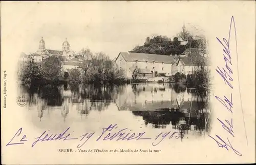 Ak Segré Maine et Loire, Vues de l'Oudon et du Moulin des Sous la tour