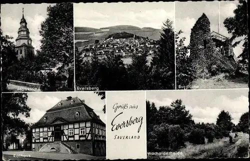 Ak Eversberg Meschede im Hochsauerlandkreis, Eversberg, Burgruine, Rathaus, Pfarrkirche, Heide