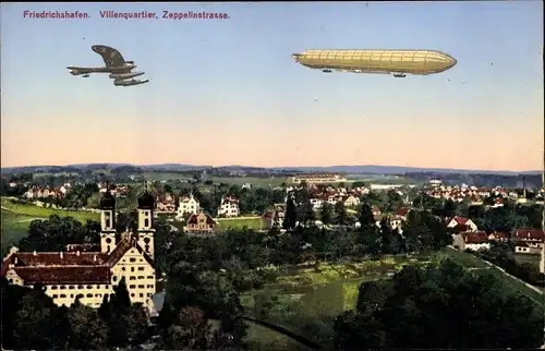 Ak Friedrichshafen am Bodensee, Panorama vom Villenquartier, Zeppelinstraße, Luftschiff, Flugzeug
