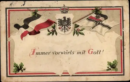 Wappen Ak Immer vorwärts mit Gott, Fahnen, Eichenlaub, Patriotik Kaiserreich