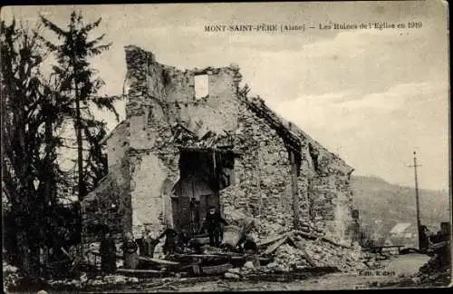 Ak Mont Saint Pere Aisne, Les Ruines de l'Eglise en 1919