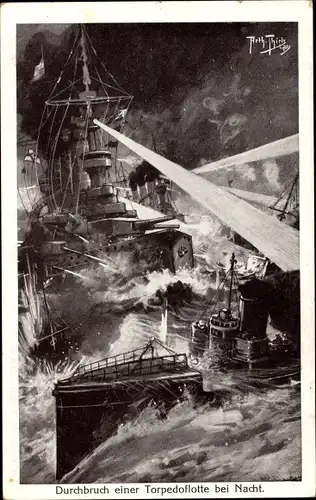 Künstler Ak Thiele, Arthur, Deutsches Kriegsschiff, Durchbruch einer Torpedoflotte bei Nacht