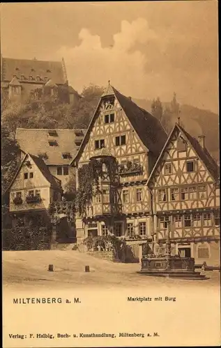 Ak Miltenberg in Unterfranken Bayern, Marktplatz mit Burg, Brunnen, Fachwerkhäusaer