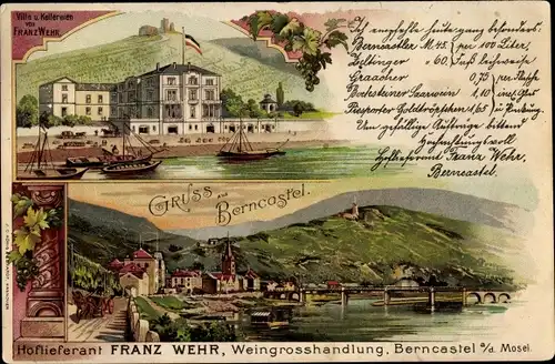 Litho Bernkastel Kues an der Mosel, Villa und Weinkellereien Franz Wehr, Panorama vom Ort