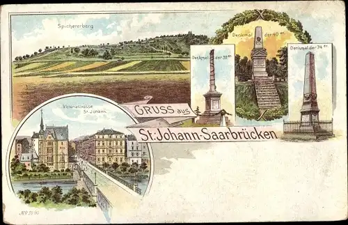 Litho St Johann Saarbrücken im Saarland, Spichererberg, Denkmal der 40er, Viktoriastraße