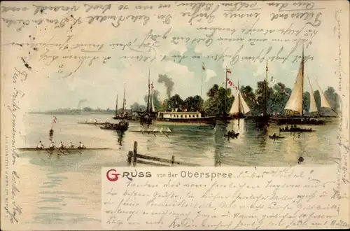 Litho Segelpartie und Rudervierer an der Oberspree