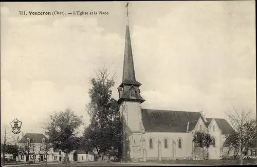 Ak Vouzeron Cher, L'Eglise et la Place