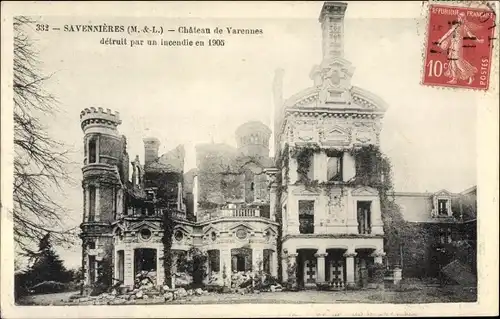 Ak Savennières Maine et Loire, Chateau de Varennes detruit par un incendie en 1905