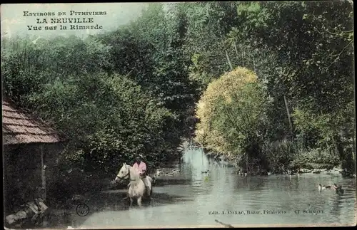 Ak Neuville aux Bois Loiret, Vue sur la Rimarde, Cheval