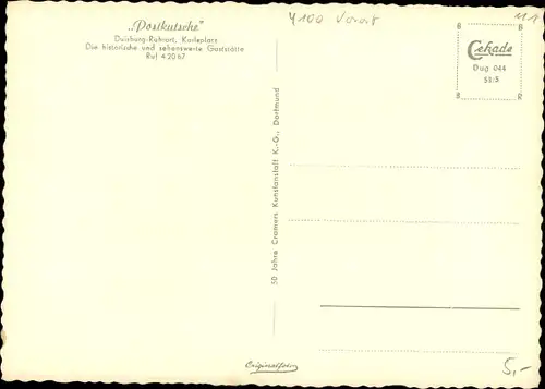 Ak Ruhrort Duisburg Nordrhein Westfalen, Gaststätte Postkutsche, Karlsplatz