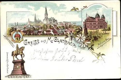 Litho Mönchengladbach Nordrhein Westfalen, Kaiser Wilhelm Denkmal, Kaiserbad, Stadtwappen, Panorama