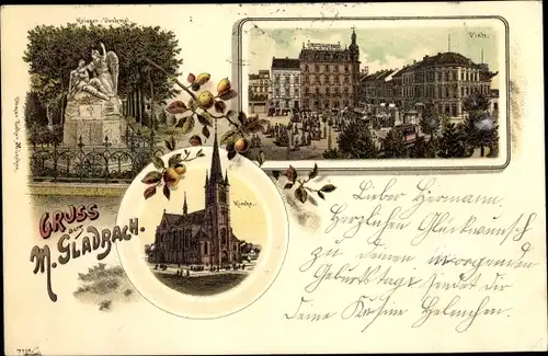 Litho Mönchengladbach in Nordrhein Westfalen, Kriegerdenkmal, Platz, Kirche