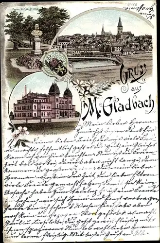 Litho Mönchengladbach in Nordrhein Westfalen, Kaiserbad, Kaiser Wilhelm Denkmal, Panorama, Wappen