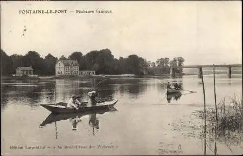 Ak Fontaine le Port Seine et Marne, Pecheurs heureux, Angler, Ruderboote