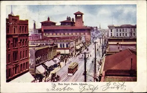 Ak Pueblo Colorado USA, 716. Main Street, bird's eye view, tram, pedestrians