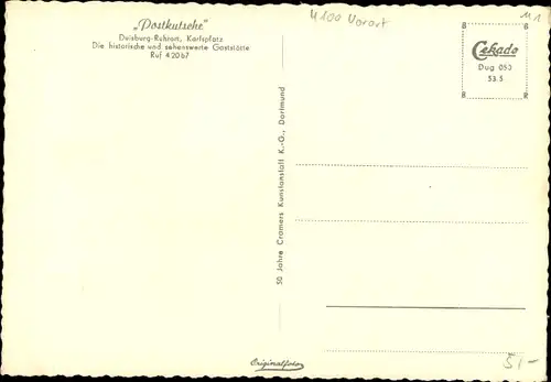 Ak Ruhrort Duisburg Nordrhein Westfalen, Gaststätte Postkutsche, Karlsplatz